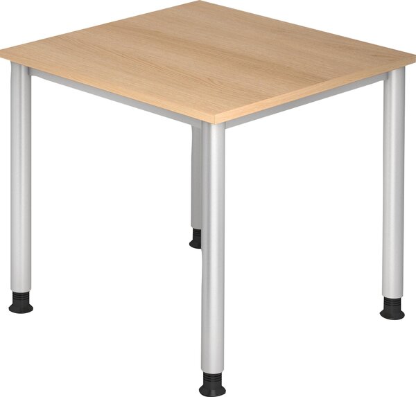 Scrivania serie H | telaio a 4 gambe | regolabile in altezza | estremamente stabile, dimensioni piano d'appoggio:80 x 80 cm, colore piano d'appoggio:rovere, colore telaio:argento