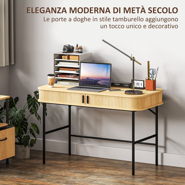 HOMCOM Scrivania per Camera e Ufficio con Ante Scanalate, Legno e Acciaio 120x60x76.5cm, Rovere e Nero