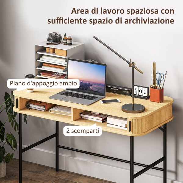 HOMCOM Scrivania per Camera e Ufficio con Ante Scanalate, Legno e Acciaio 120x60x76.5cm, Rovere e Nero