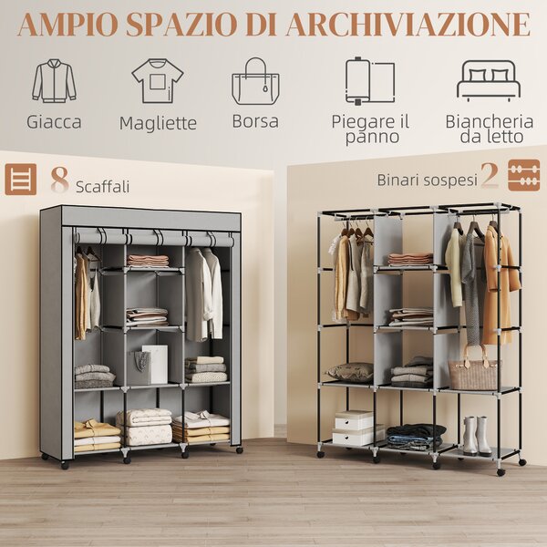 HOMCOM Armadio Salvaspazio con Base Rialzata, 8 Ripiani e 2 Barre, in Tessuto non Tessuto e Acciaio, Grigio Chiaro | Aosom Italy