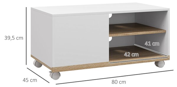 HOMCOM Mobile TV 42" Max con 2 Ripiani Aperti e Anta e Ruote, in Truciolato, 80x45x39.5 cm, Bianco|Aosom