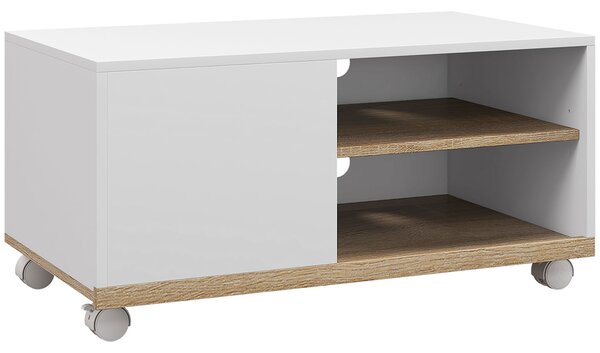 HOMCOM Mobile TV 42" Max con 2 Ripiani Aperti e Anta e Ruote, in Truciolato, 80x45x39.5 cm, Bianco|Aosom