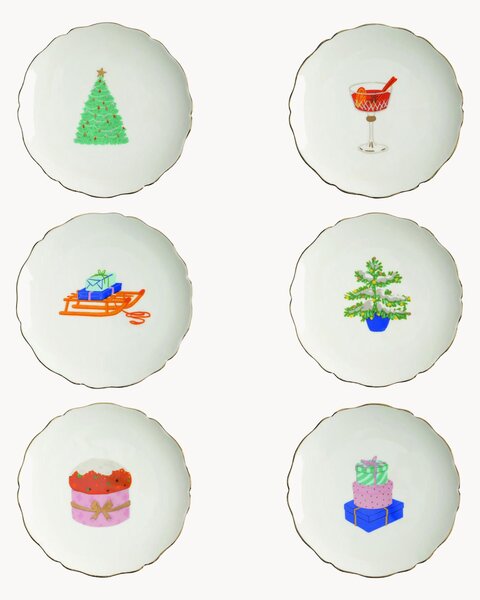 Set di 6 piatti da dessert dipinti a mano con motivo natalizio Feast