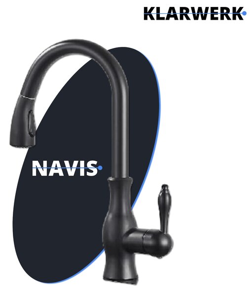 KLARWERK® NAVIS | Rubinetto da cucina estraibile in acciaio inossidabile, nero opaco | Miscelatore ad arco alto | Rubinetto ad alta pressione, orientabile a 360°, 2 attacchi