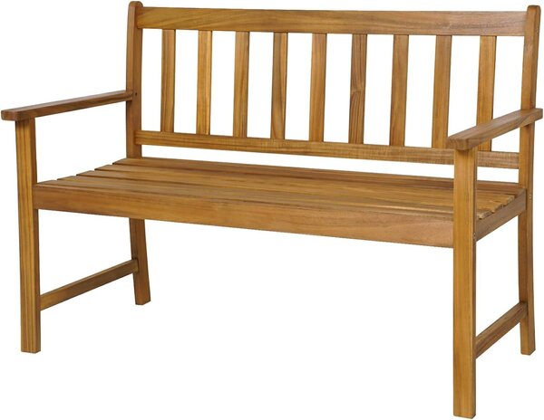 Panchina da giardino KOMFOTTEU a 2 posti, realizzata in legno di acacia, con schienale e braccioli, resistente fino a 360 kg (122x55x86 cm)