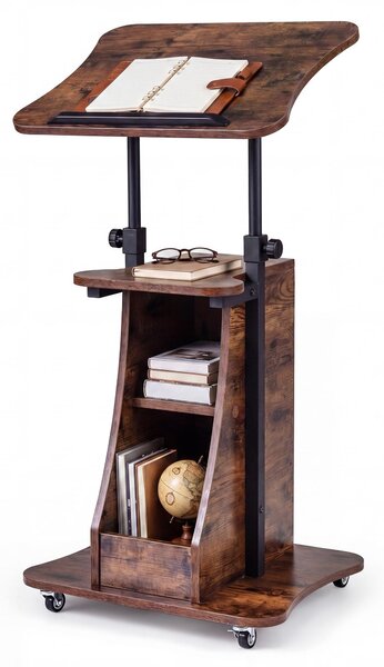 KOMFOTTEU Leggio regolabile in altezza, leggio con rotelle e piano ribaltabile, scrivania mobile in piedi con 2 scomparti e ripiano aperto, leggio per presentazioni per l'home office e l'ufficio, 50 x 40 x 72-112 cm