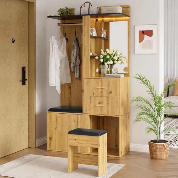 Armadio MODFU, set completo per l'ingresso con panchina, mobiletto per scarpe, tavolino da trucco con luce LED e specchio, e armadio multifunzionale con cassetti, design naturale