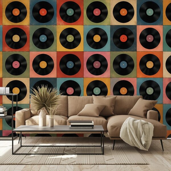 Carta da parati – Dischi in vinile retrò su sfondo colorato