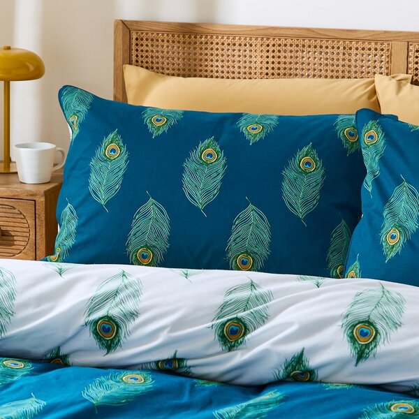 Set copripiumino e federa bianco e color foglia di tè in cotone per letto matrimoniale 200x200 cm Peacock Feather – Their Nibs