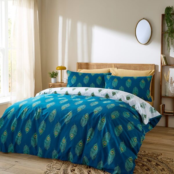 Set copripiumino e federa bianco e color foglia di tè in cotone per letto matrimoniale 200x200 cm Peacock Feather – Their Nibs