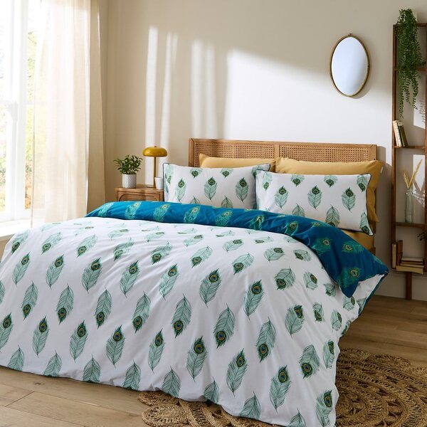 Set copripiumino e federa bianco e color foglia di tè in cotone per letto matrimoniale 200x200 cm Peacock Feather – Their Nibs