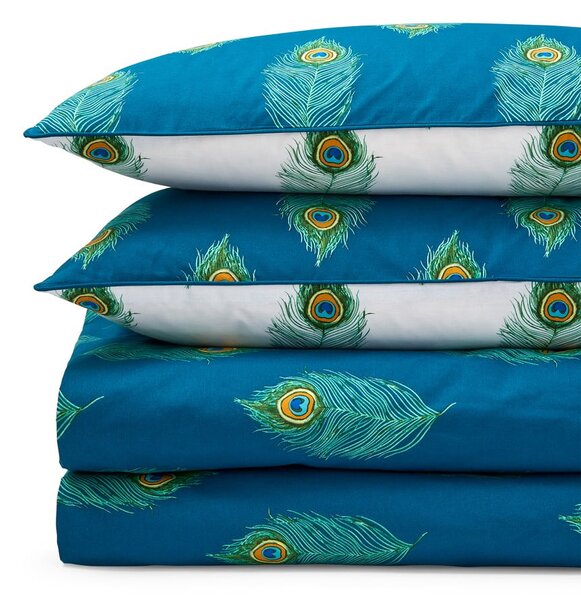 Set copripiumino e federa bianco e color foglia di tè in cotone per letto matrimoniale 200x200 cm Peacock Feather – Their Nibs