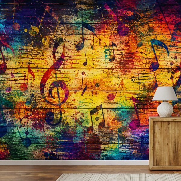 Carta da parati – Note musicali colorate su legno