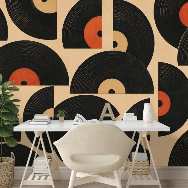 Carta da parati – Dischi in vinile retrò su sfondo beige