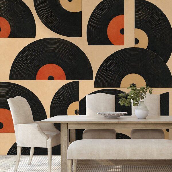 Carta da parati – Dischi in vinile retrò su sfondo beige