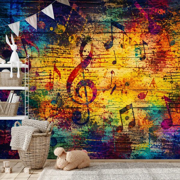 Carta da parati – Note musicali colorate su legno