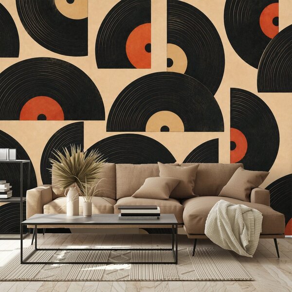 Carta da parati – Dischi in vinile retrò su sfondo beige