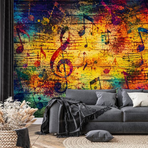 Carta da parati – Note musicali colorate su legno