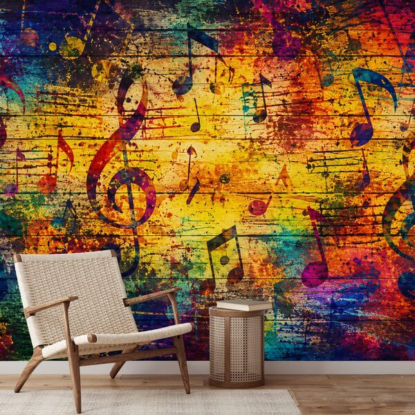 Carta da parati – Note musicali colorate su legno