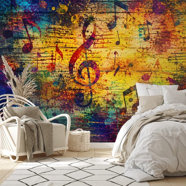 Carta da parati – Note musicali colorate su legno