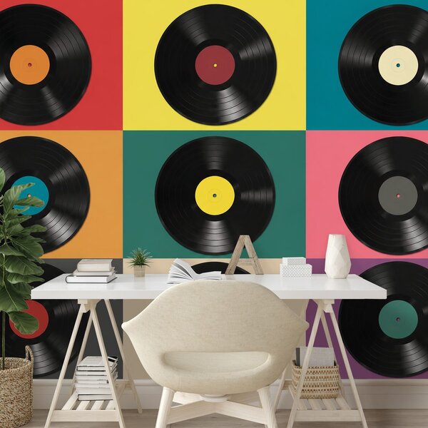 Carta da parati – Dischi in vinile retrò su sfondo colorato