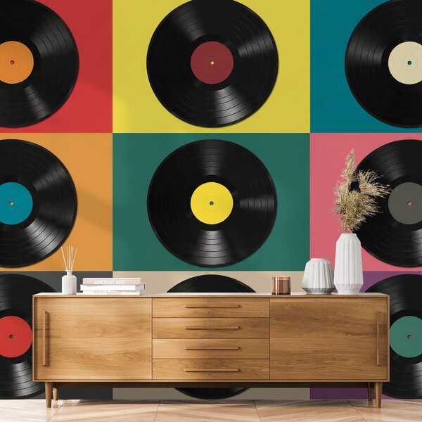 Carta da parati – Dischi in vinile retrò su sfondo colorato