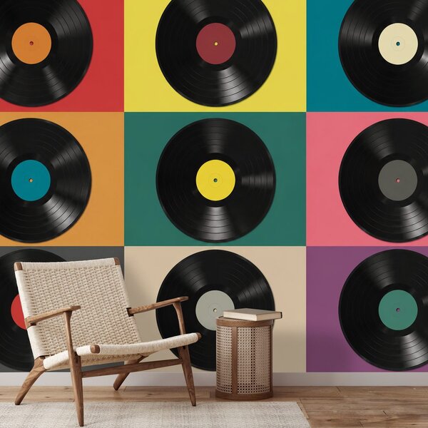 Carta da parati – Dischi in vinile retrò su sfondo colorato