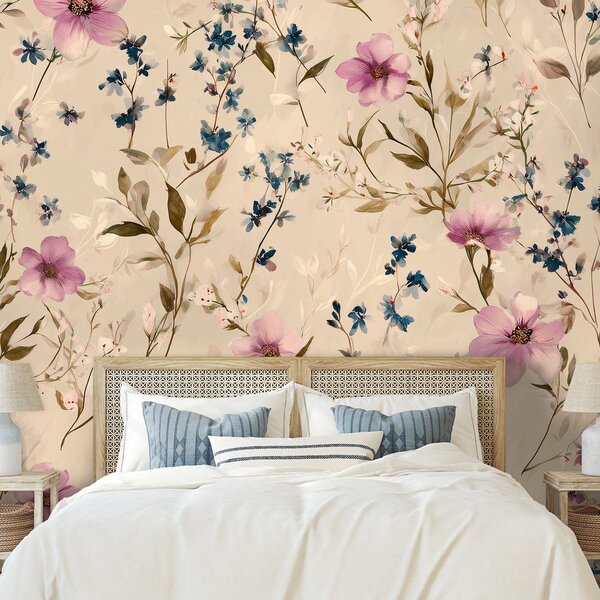 Carta da parati – Fiori pastello su sfondo beige