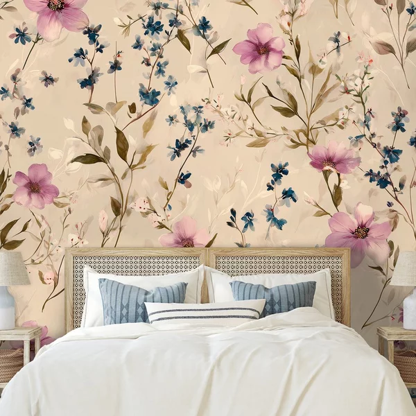 Carta da parati – Fiori pastello su sfondo beige