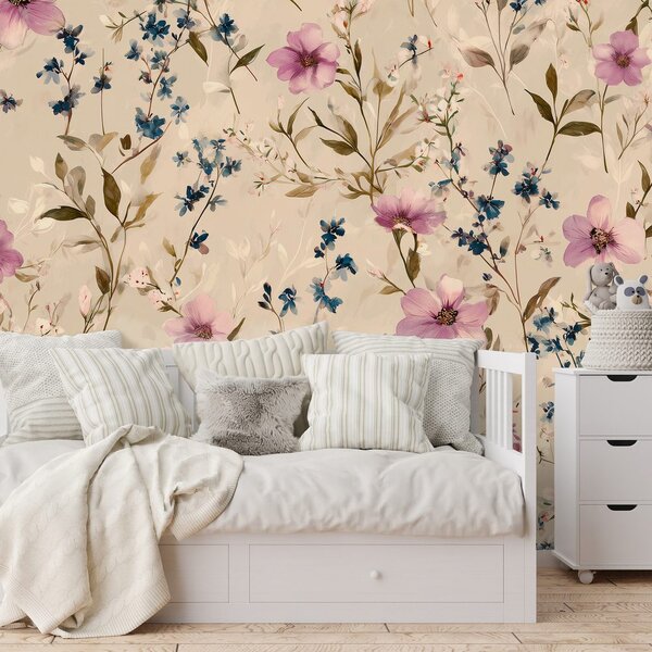 Carta da parati – Fiori pastello su sfondo beige