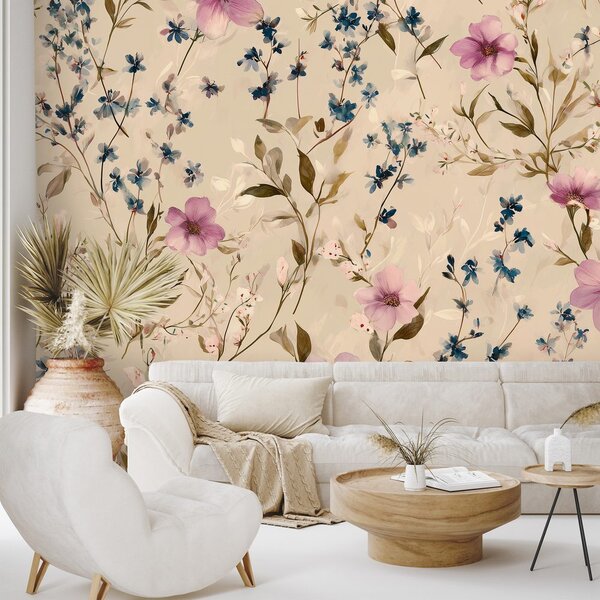 Carta da parati – Fiori pastello su sfondo beige