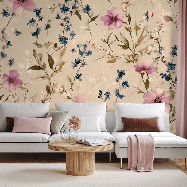 Carta da parati – Fiori pastello su sfondo beige
