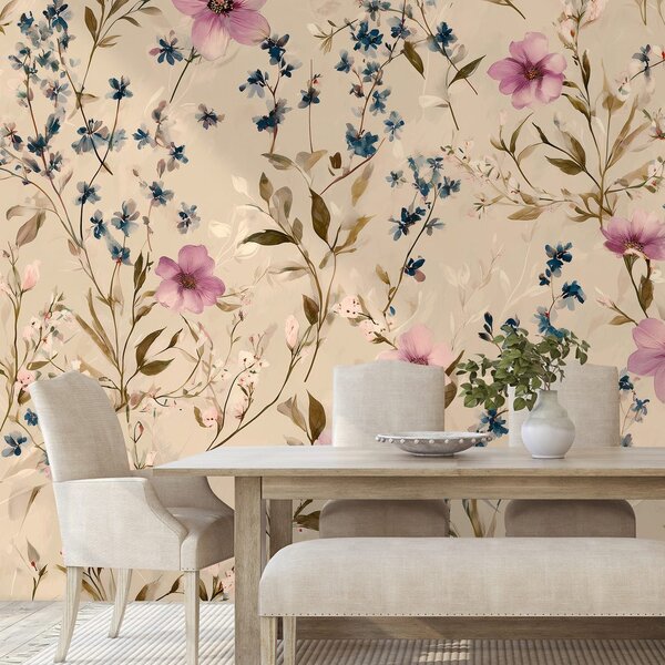 Carta da parati – Fiori pastello su sfondo beige