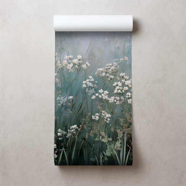Carta da parati – Delicati fiori bianchi su sfondo verde acqua