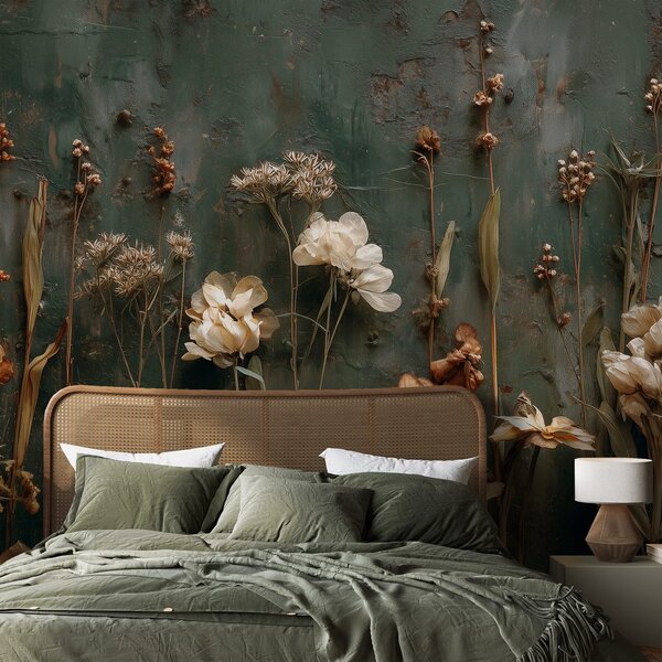 Carta da parati – Fiori vintage su sfondo verde