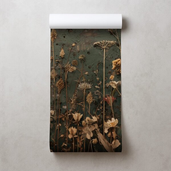 Carta da parati – Fiori secchi su sfondo verde