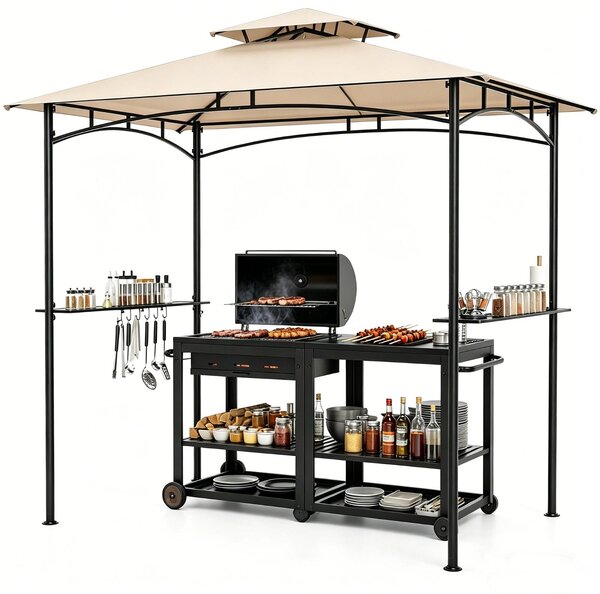 KOMFOTTEU: gazebo per barbecue da 242 x 150 cm, tettoia a due piani con 2 ripiani, 6 ganci e struttura in metallo; tettoia per barbecue per giardino, prato, terrazza o piscina