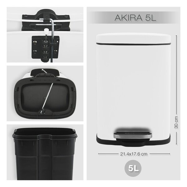 Cestino per la spazzatura bianco opaco in acciaio con pedale 5 l Akira – Spirella