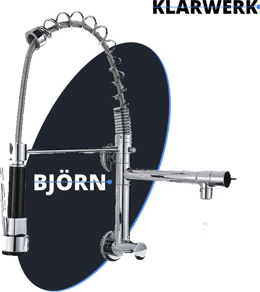 KLARWERK® Björn | Rubinetto per acqua fredda da parete per la ristorazione, cromato | Rubinetto da cucina in acciaio inossidabile con due doccette | Rubinetto per doppio lavello da ristorante