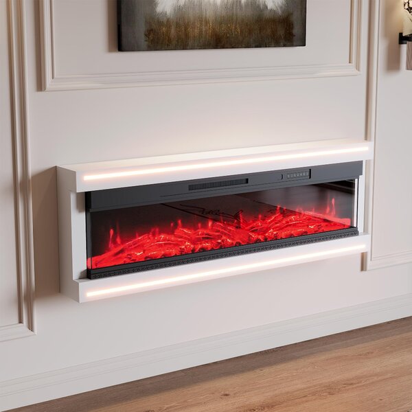Caminetto elettrico Fortuna Lai 750W/1500W galleggiante da parete con riscaldamento, LED, telecomando, 12 colori di fiamma, telecomando, 127 x 51,3 x 17 cm, bianco