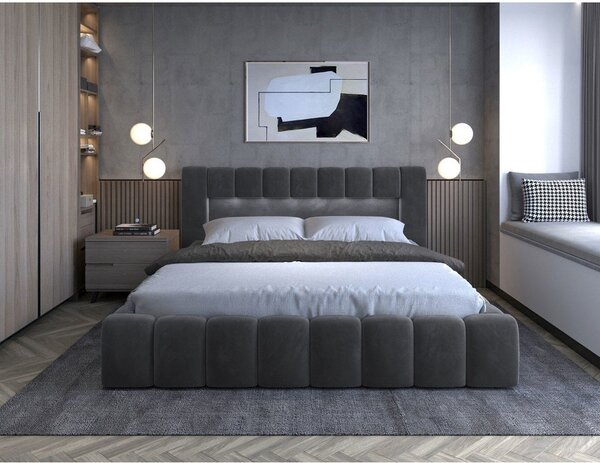 Letto matrimoniale imbottito grigio con contenitore con rete inclusa 180x200 cm Lamica – ELTAP