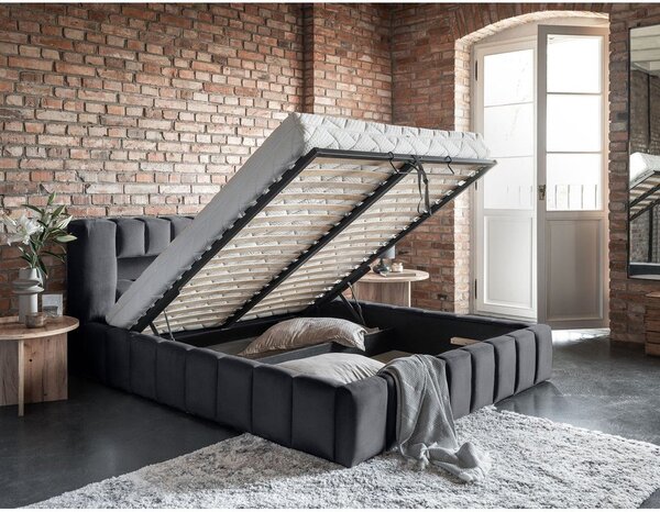 Letto matrimoniale imbottito grigio con contenitore con rete inclusa 180x200 cm Lamica – ELTAP