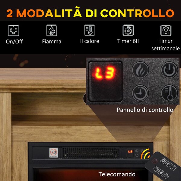 DecHome Caminetto Elettrico 1800W con Fiamma 3D Timer e Telecomando in Legno Metallo e Vetro 81.5x30x76.2 cm colore Marrone - 130BNS384