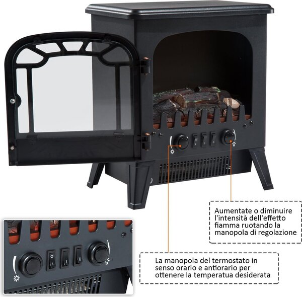 DecHome Caminetto Elettrico da Terra con Effetto Fiamma Regolabile 1800 Watt Nero 36x25.5x41.5 cm - 844DH69