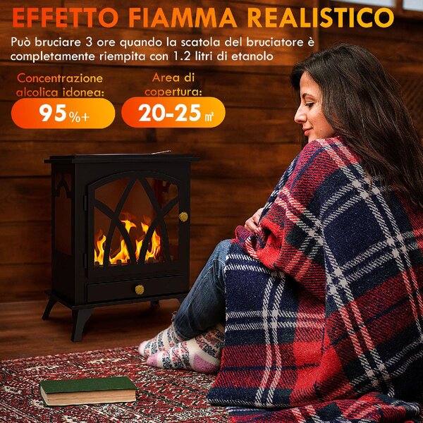 DecHome Camino a Bioetanolo da Terra con Bruciatore da 1.2L e Copertura 25mq 45x28x54cm Nero