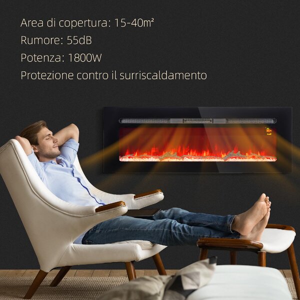 DecHome Camino Elettrico 1800W Regolabile con Telecomando in Acciaio e Vetro Temperato 127x15.8x45 cm colore Nero - 182BKS399