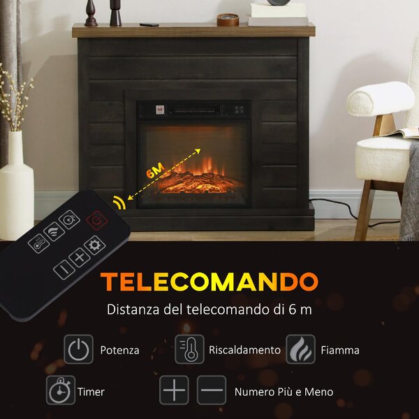 DecHome Camino Elettrico 1800W con Effetto Fiamma e Telecomando in Legno Metallo e Vetro 96.5x22x81.7 cm colore Grigio Scuro - 130CGS397