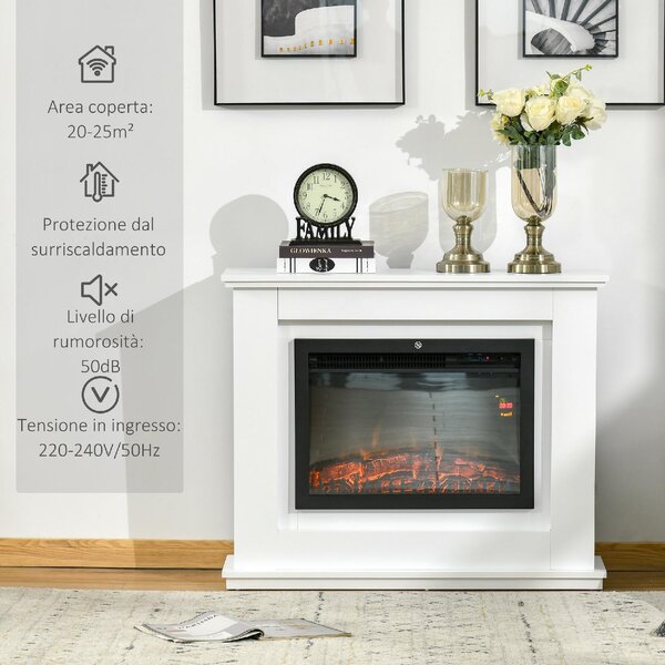DecHome Camino Elettrico Effetto Fiamma Realistico con Cornice in Legno Bianco