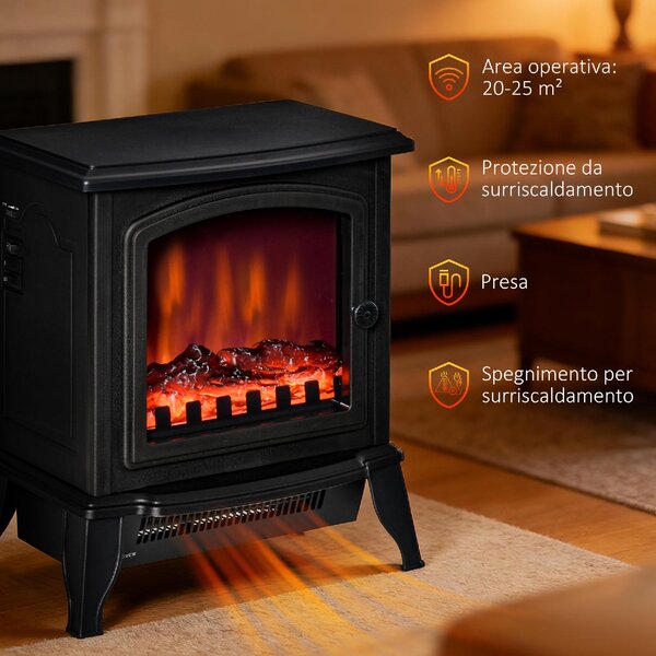 DecHome Camino Elettrico Portatile con Effetto Fiamma 1000W/2000W in ABS e Vetro Temperato 36.5x24x45.5 cm colore Nero