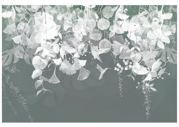 Carta da parati – Foglie Verde-Grigio con Colibrì